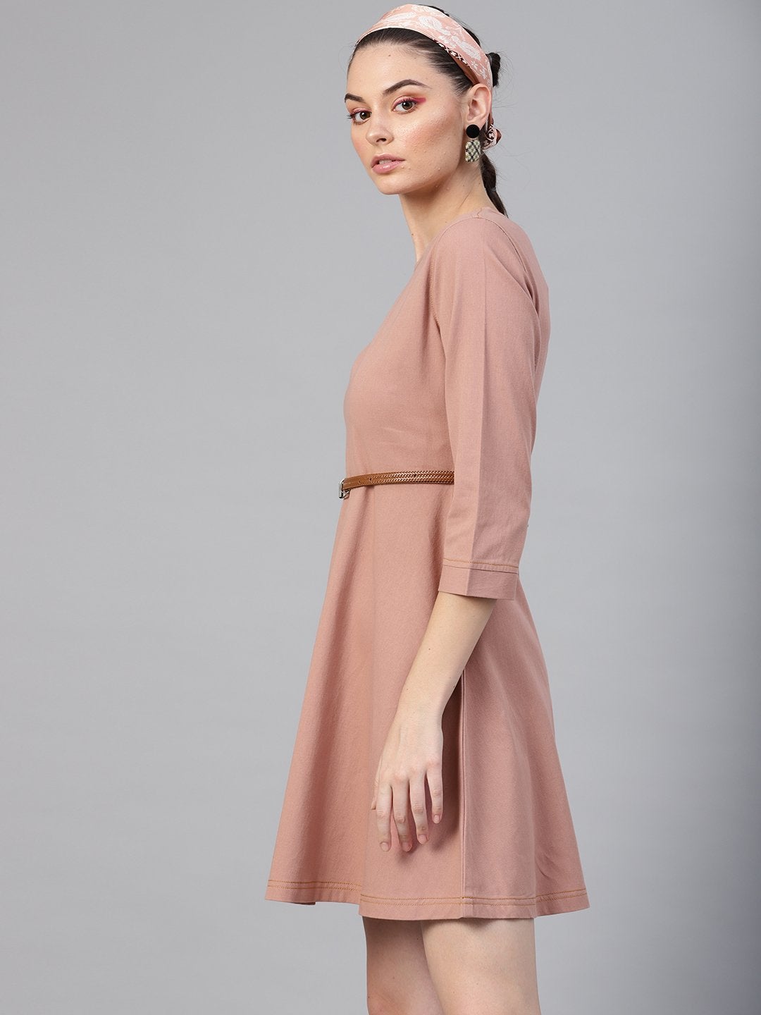 Women's Pink Denim Belted Skater Dress