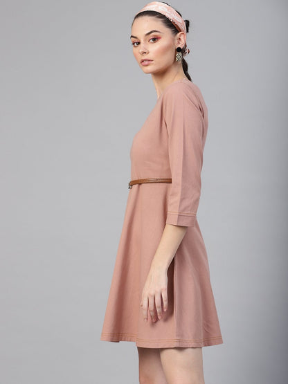 Women's Pink Denim Belted Skater Dress