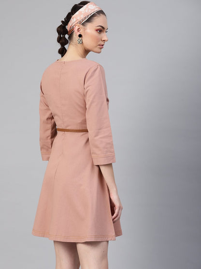 Women's Pink Denim Belted Skater Dress