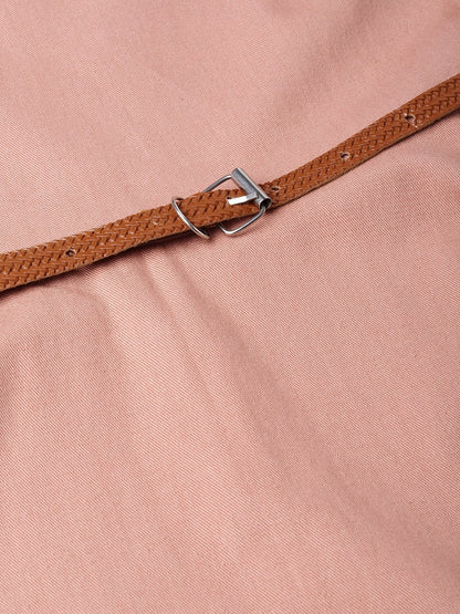 Women's Pink Denim Belted Skater Dress