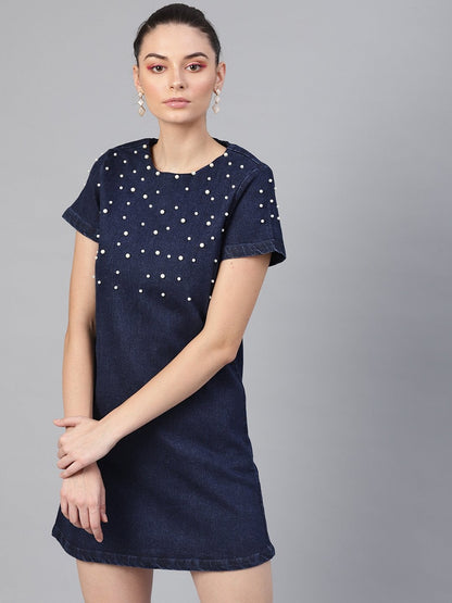 Women's Navy Denim Pearl Studded Dress