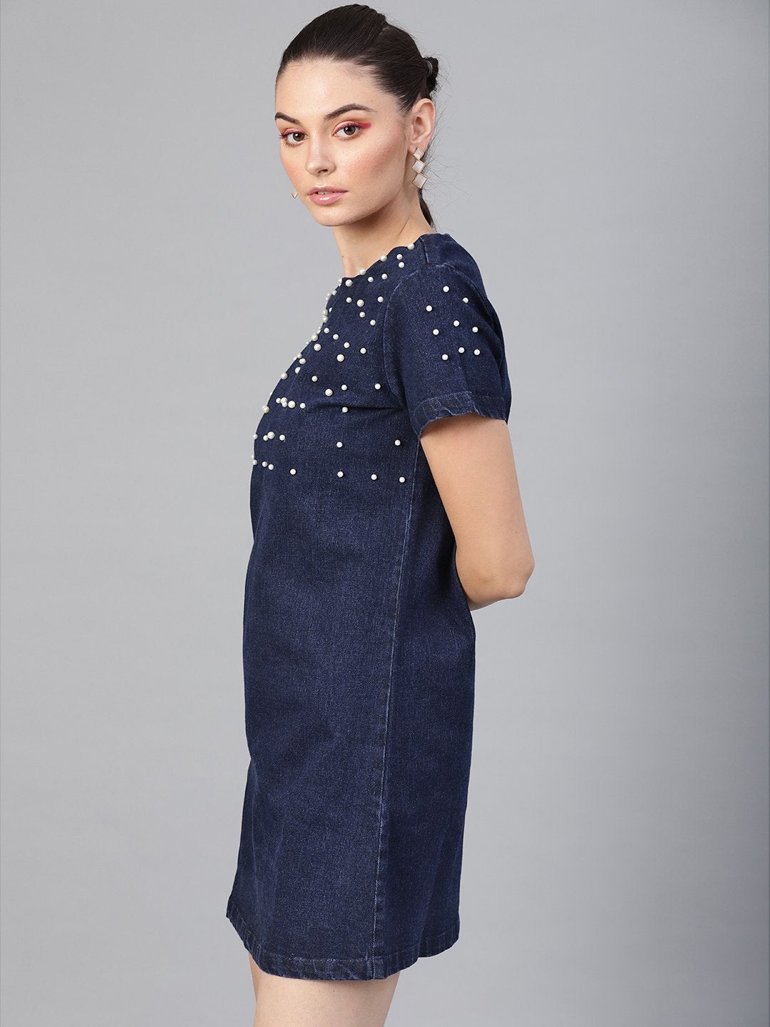 Women's Navy Denim Pearl Studded Dress