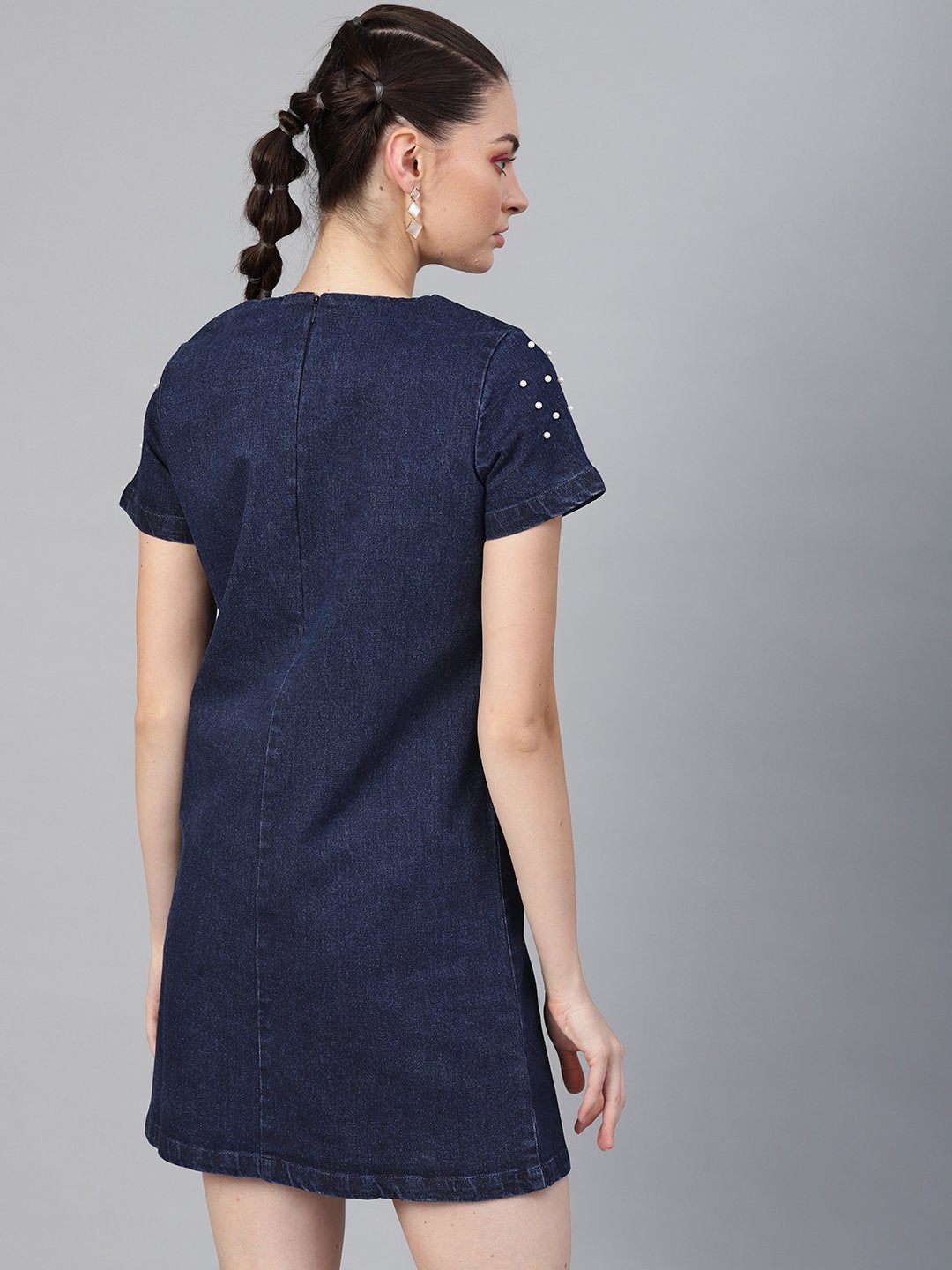 Women's Navy Denim Pearl Studded Dress