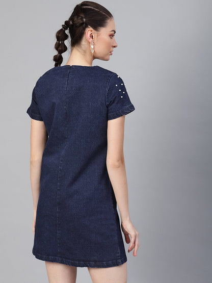 Women's Navy Denim Pearl Studded Dress