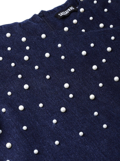 Women's Navy Denim Pearl Studded Dress