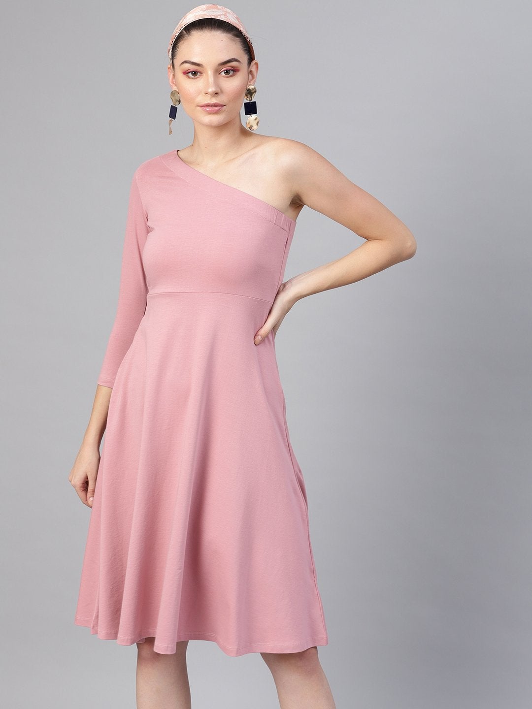 Women's Baked Pink One Shoulder Skater Midi Dress
