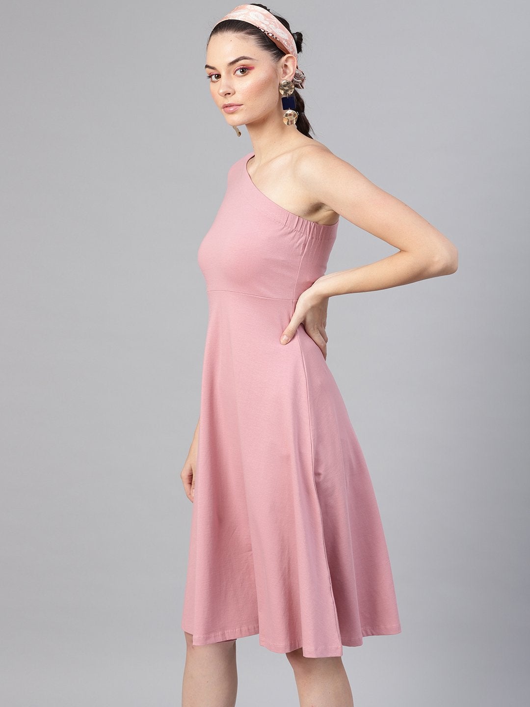 Women's Baked Pink One Shoulder Skater Midi Dress