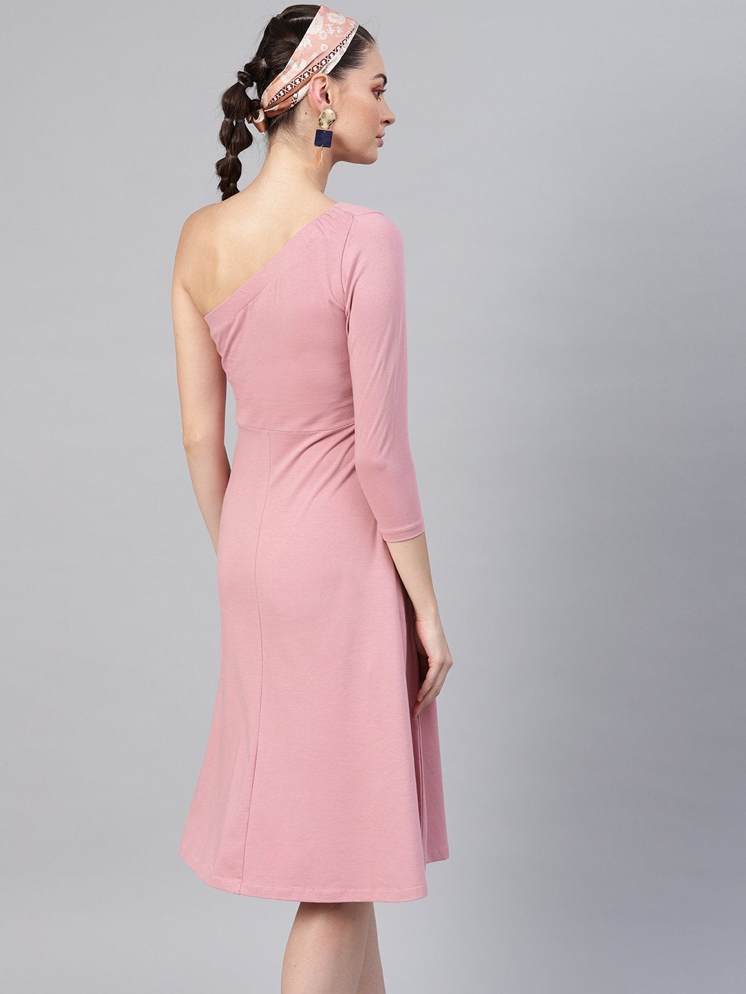 Women's Baked Pink One Shoulder Skater Midi Dress