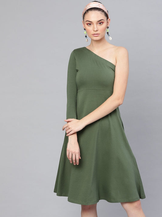 Women's Olive One Shoulder Skater Midi Dress