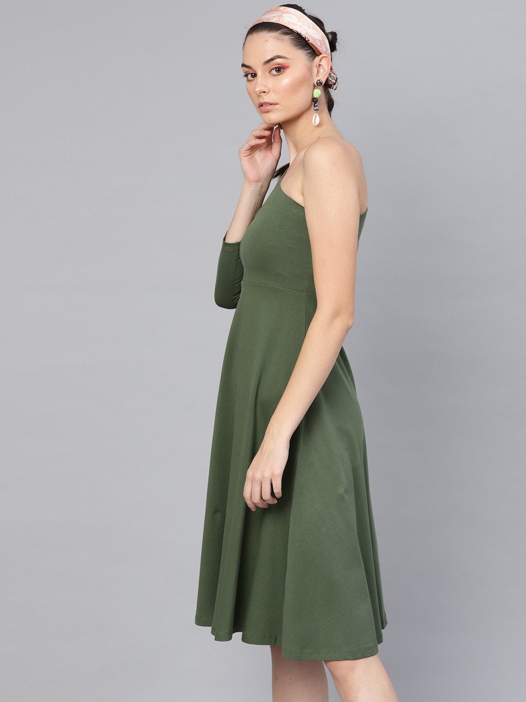 Women's Olive One Shoulder Skater Midi Dress