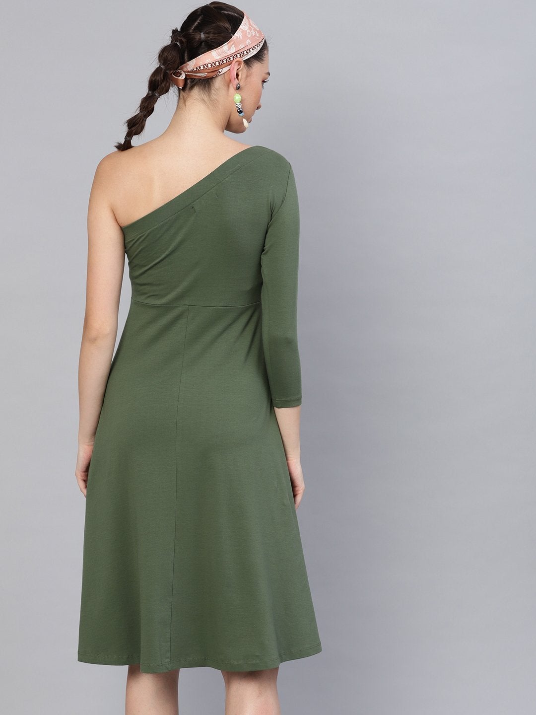 Women's Olive One Shoulder Skater Midi Dress