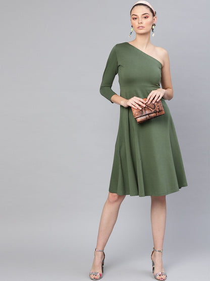 Women's Olive One Shoulder Skater Midi Dress