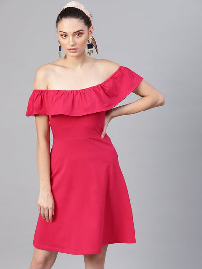 Women's Fuchsia Off Shoulder Skater Midi Dress