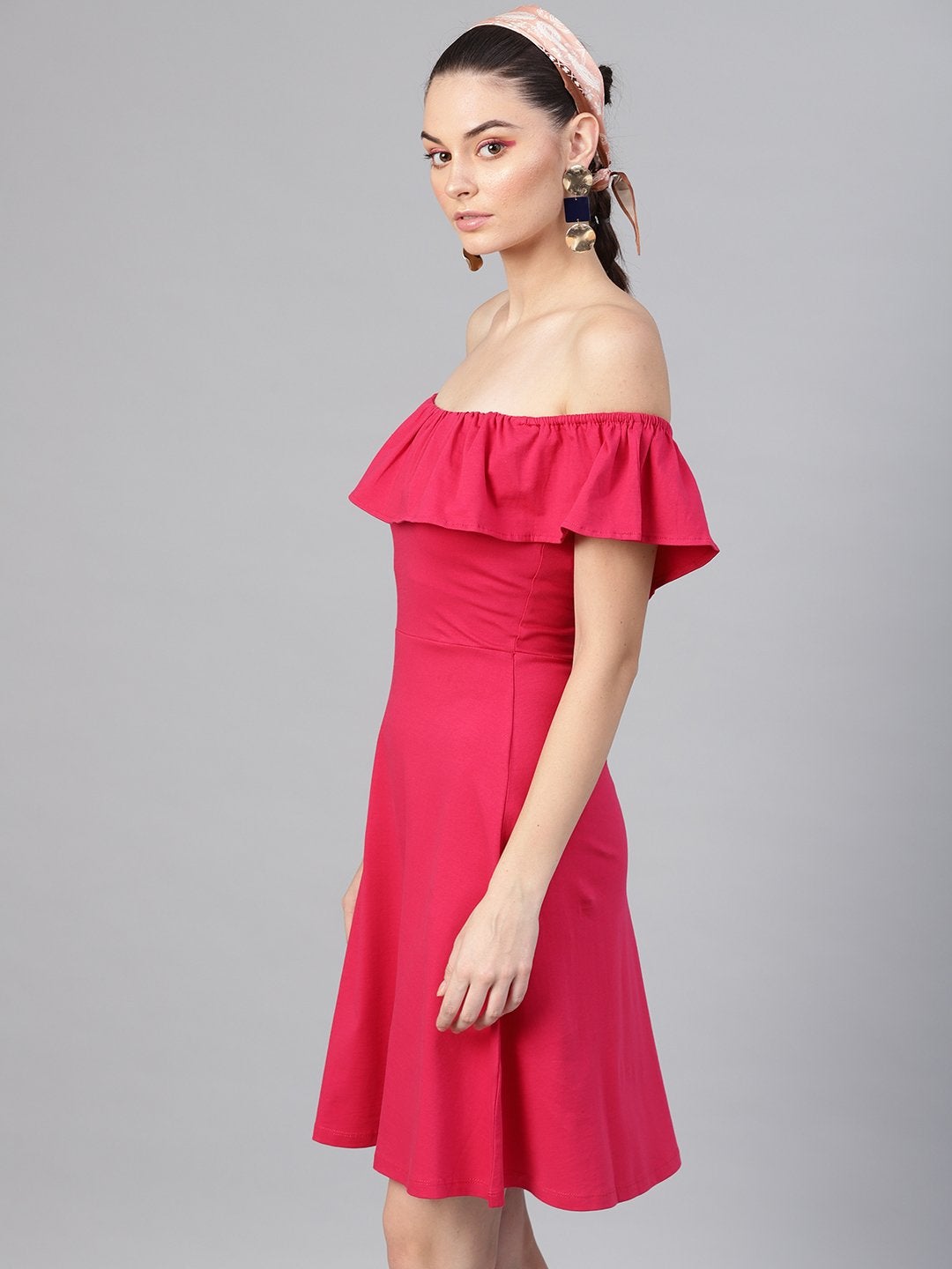 Women's Fuchsia Off Shoulder Skater Midi Dress
