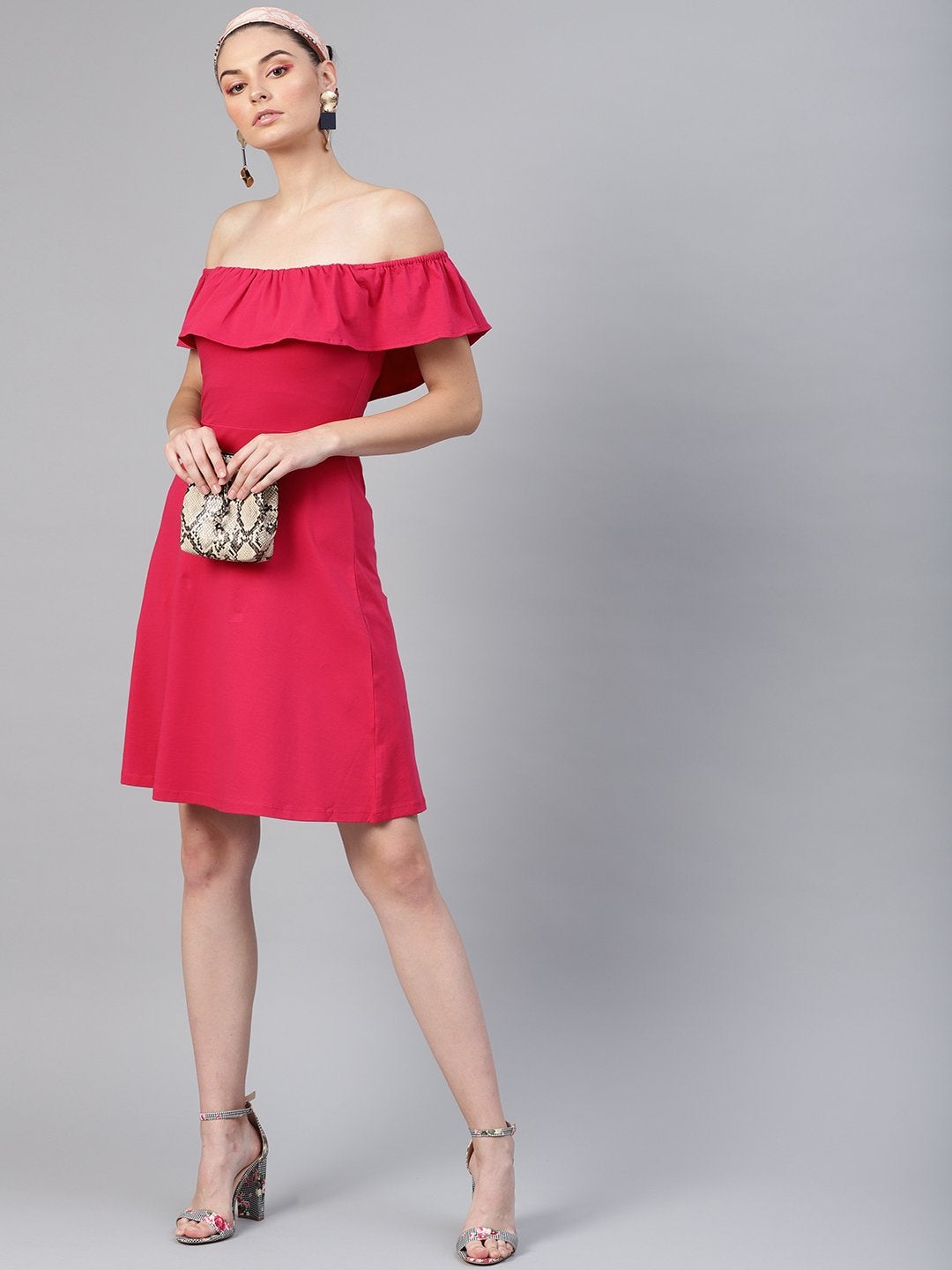 Women's Fuchsia Off Shoulder Skater Midi Dress