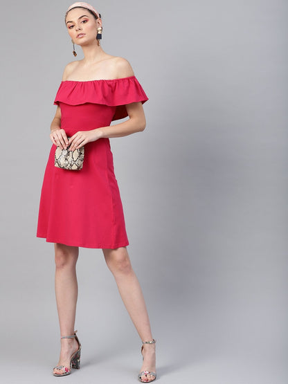 Women's Fuchsia Off Shoulder Skater Midi Dress