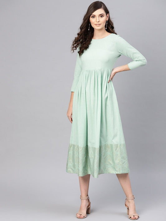 Women's Blue Foil Printed Gathered Dress