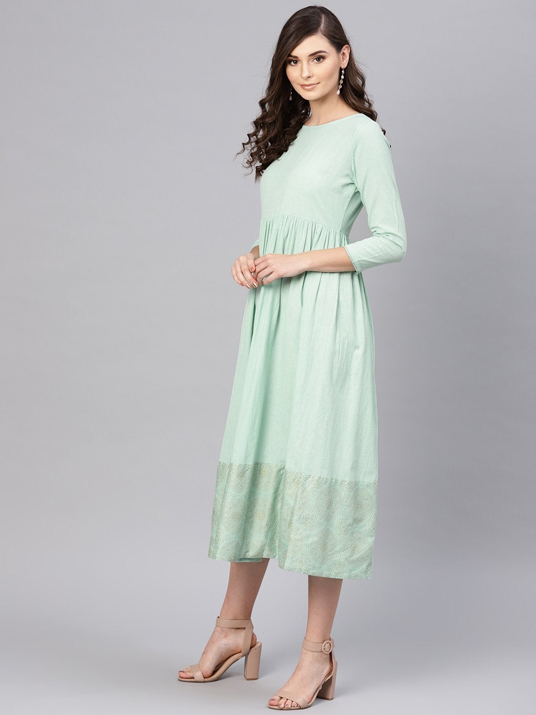 Women's Blue Foil Printed Gathered Dress