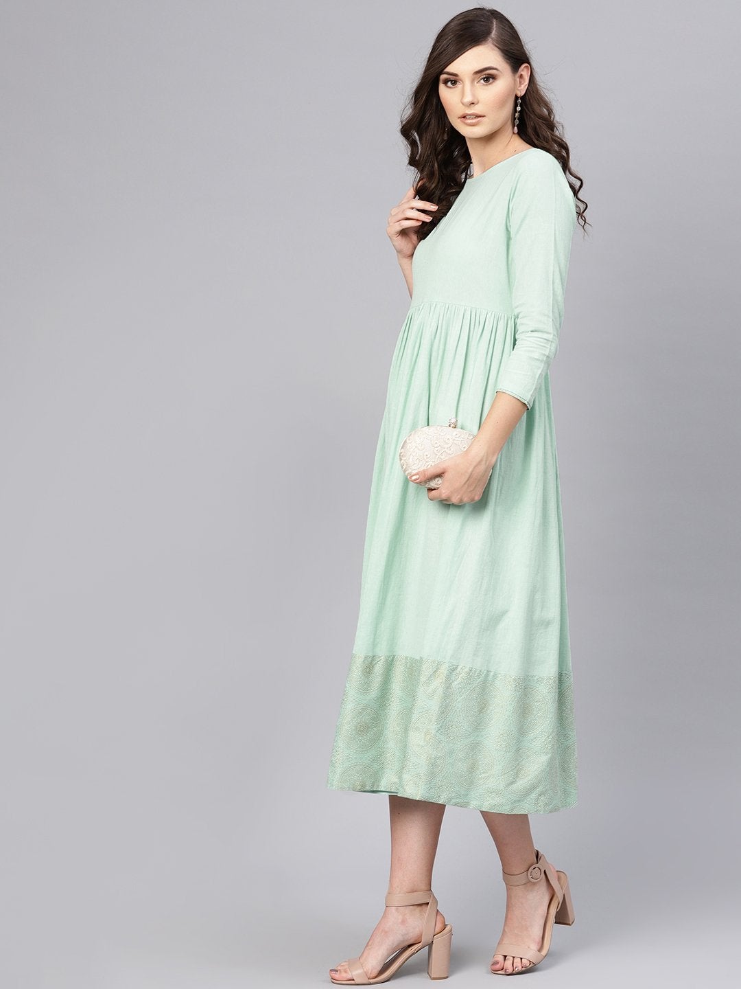 Women's Blue Foil Printed Gathered Dress