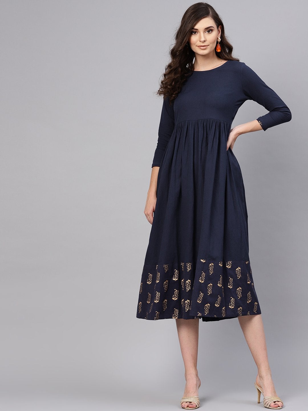 Women's Navy Foil Printed Gathered Dress
