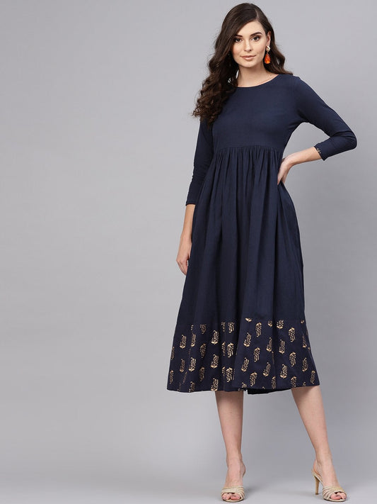 Women's Navy Foil Printed Gathered Dress