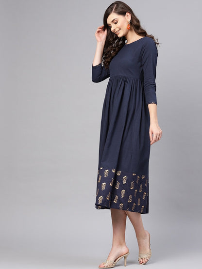 Women's Navy Foil Printed Gathered Dress