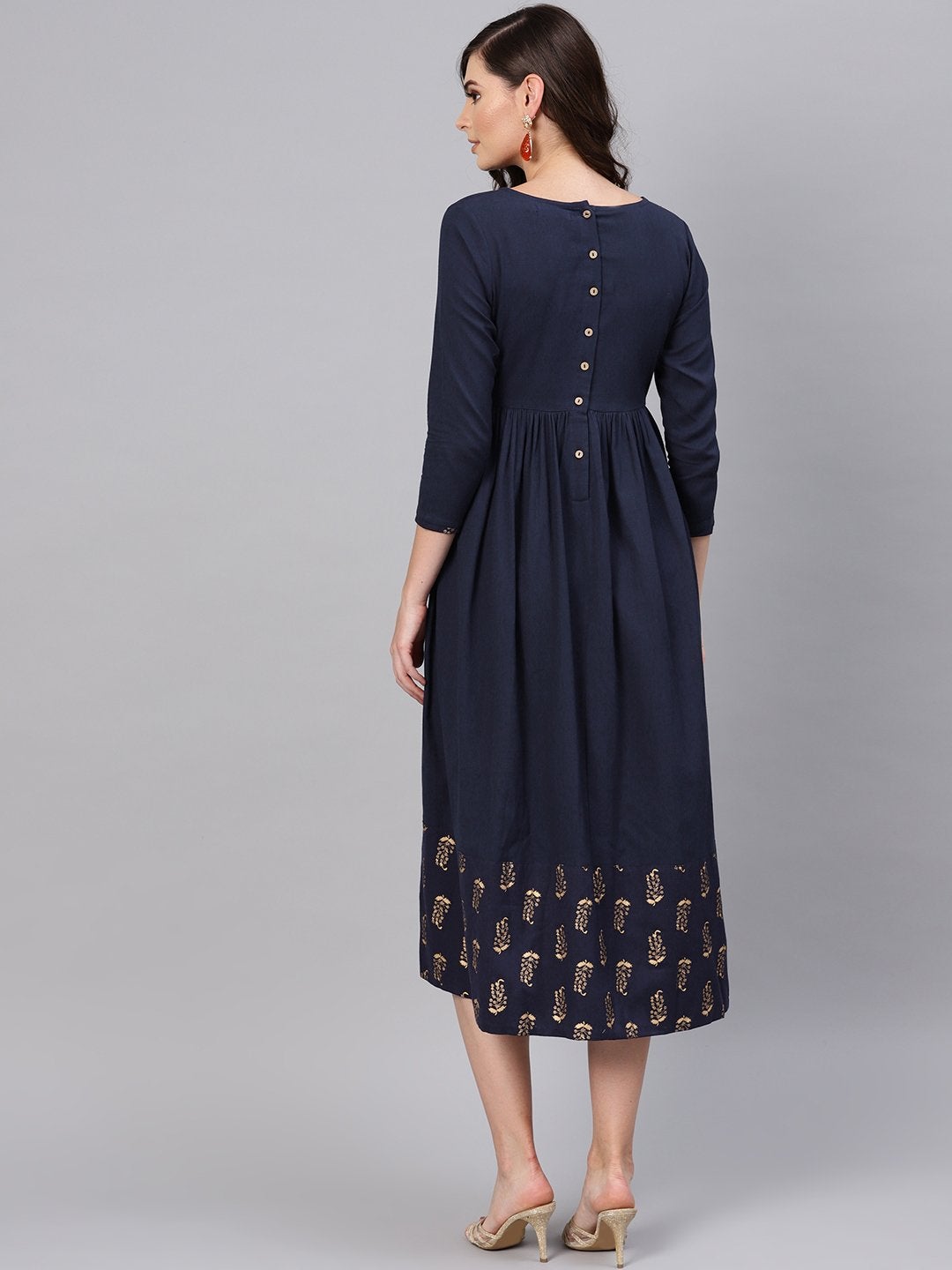 Women's Navy Foil Printed Gathered Dress
