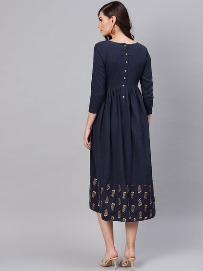 Women's Navy Foil Printed Gathered Dress