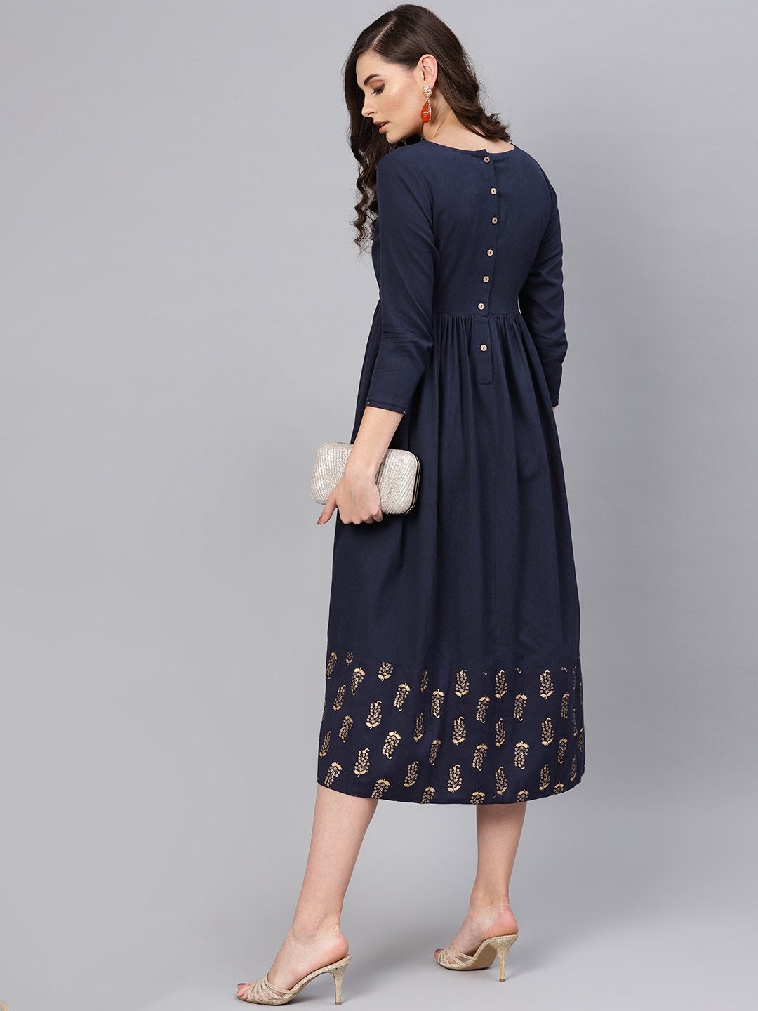 Women's Navy Foil Printed Gathered Dress
