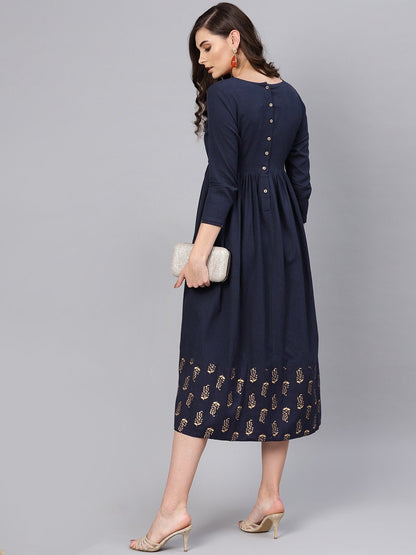 Women's Navy Foil Printed Gathered Dress