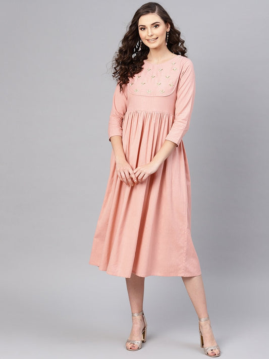 Women's Pink Yoke Embroidered Gathered Dress