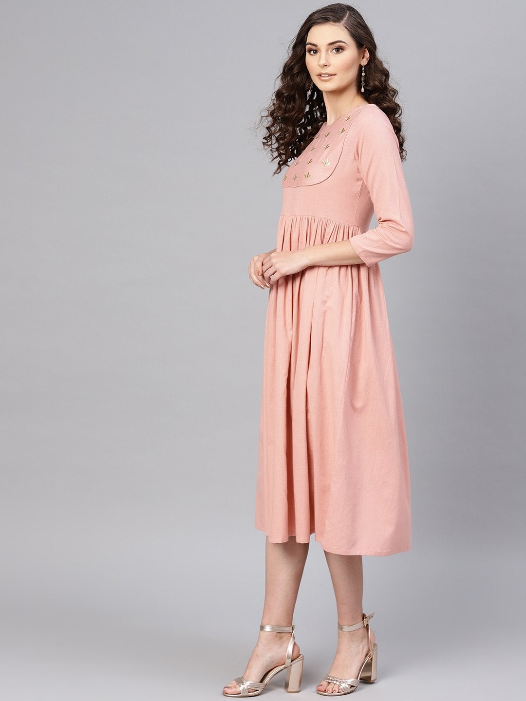 Women's Pink Yoke Embroidered Gathered Dress