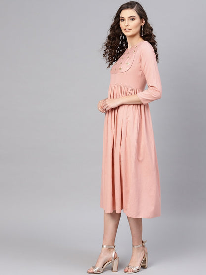 Women's Pink Yoke Embroidered Gathered Dress