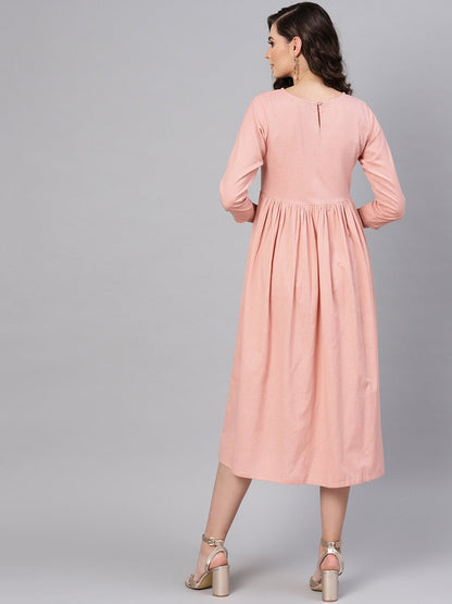 Women's Pink Yoke Embroidered Gathered Dress