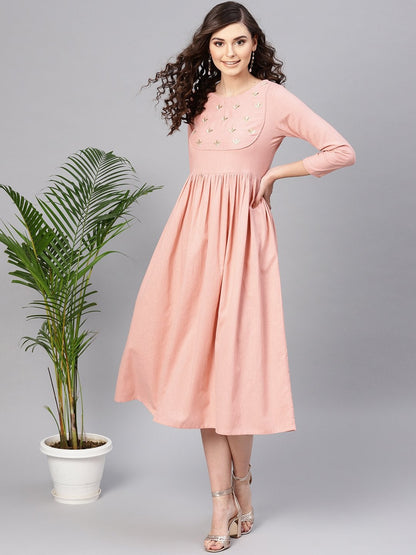 Women's Pink Yoke Embroidered Gathered Dress