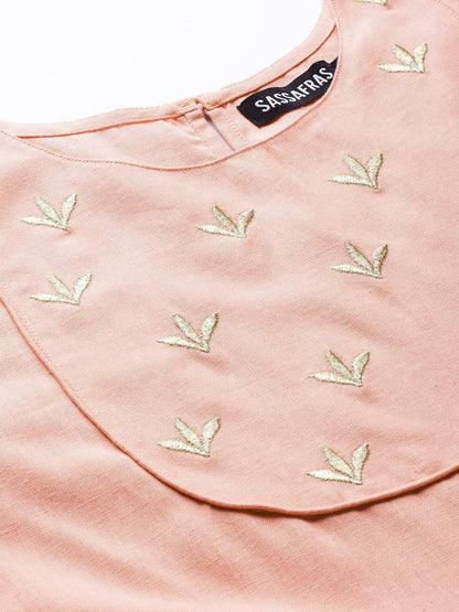 Women's Pink Yoke Embroidered Gathered Dress