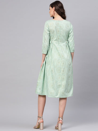Women's Blue Foil Printed Side Tab Dress
