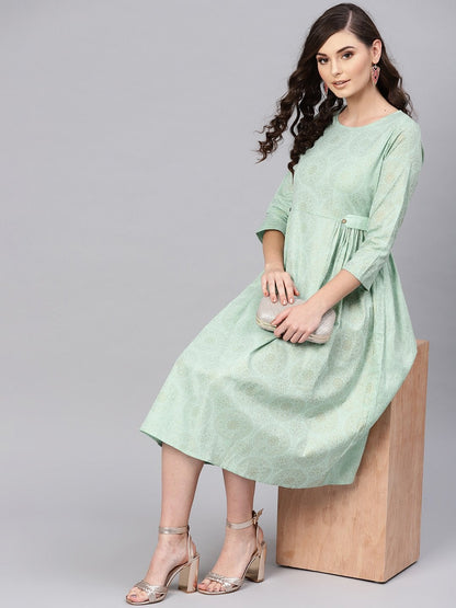 Women's Blue Foil Printed Side Tab Dress