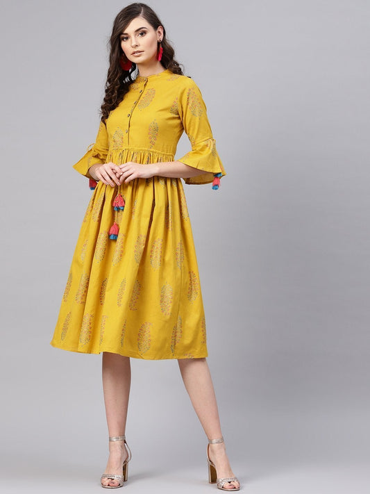 Women's Mustard Paisely Drawstring Dress