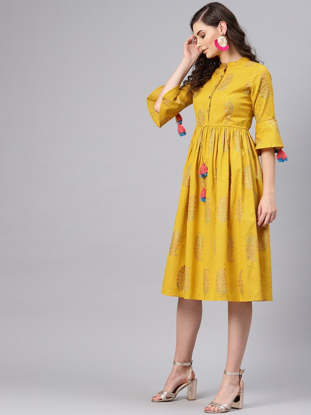 Women's Mustard Paisely Drawstring Dress