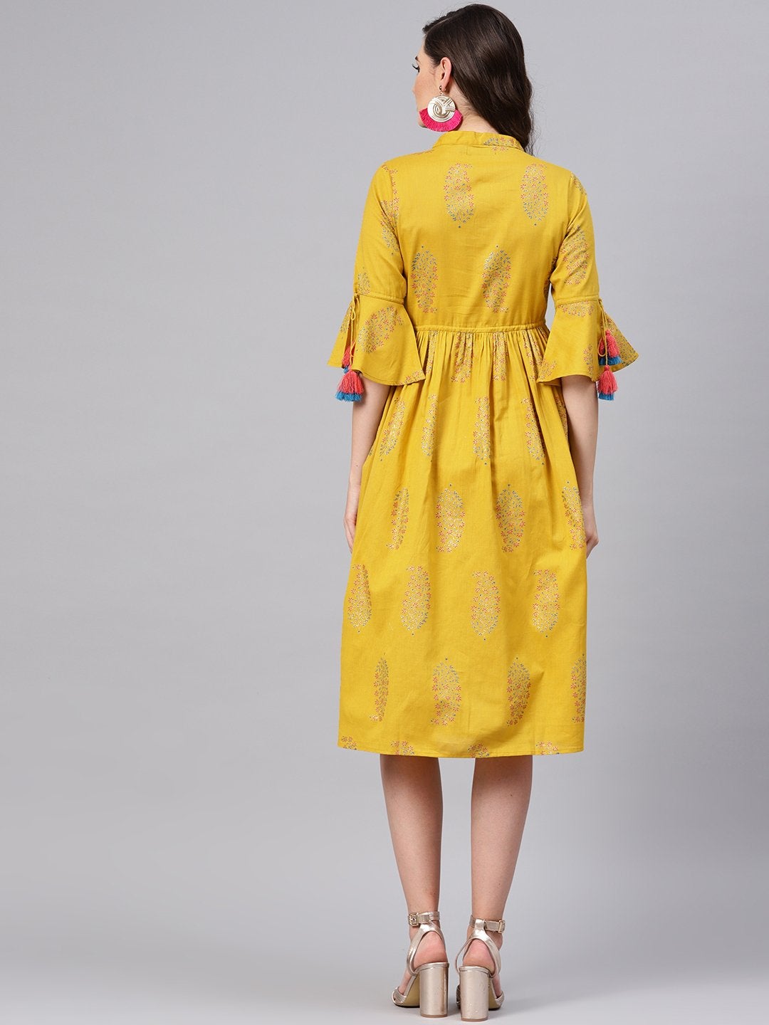 Women's Mustard Paisely Drawstring Dress