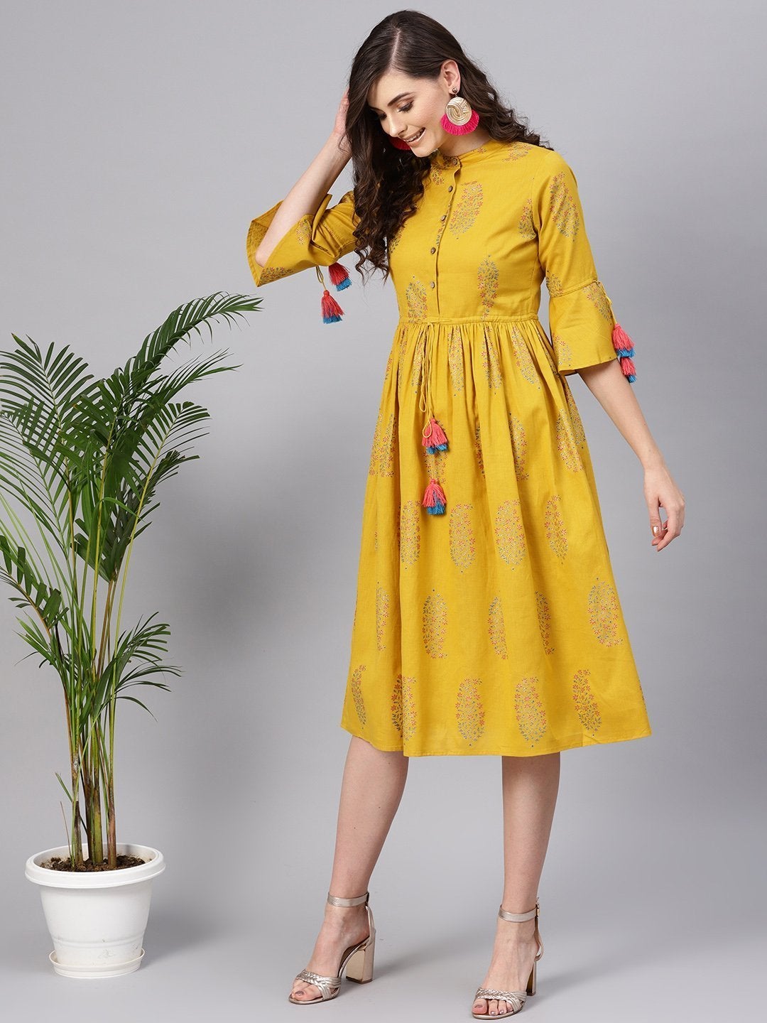 Women's Mustard Paisely Drawstring Dress