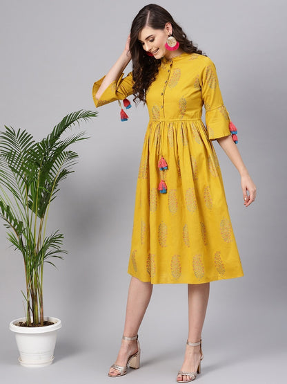 Women's Mustard Paisely Drawstring Dress