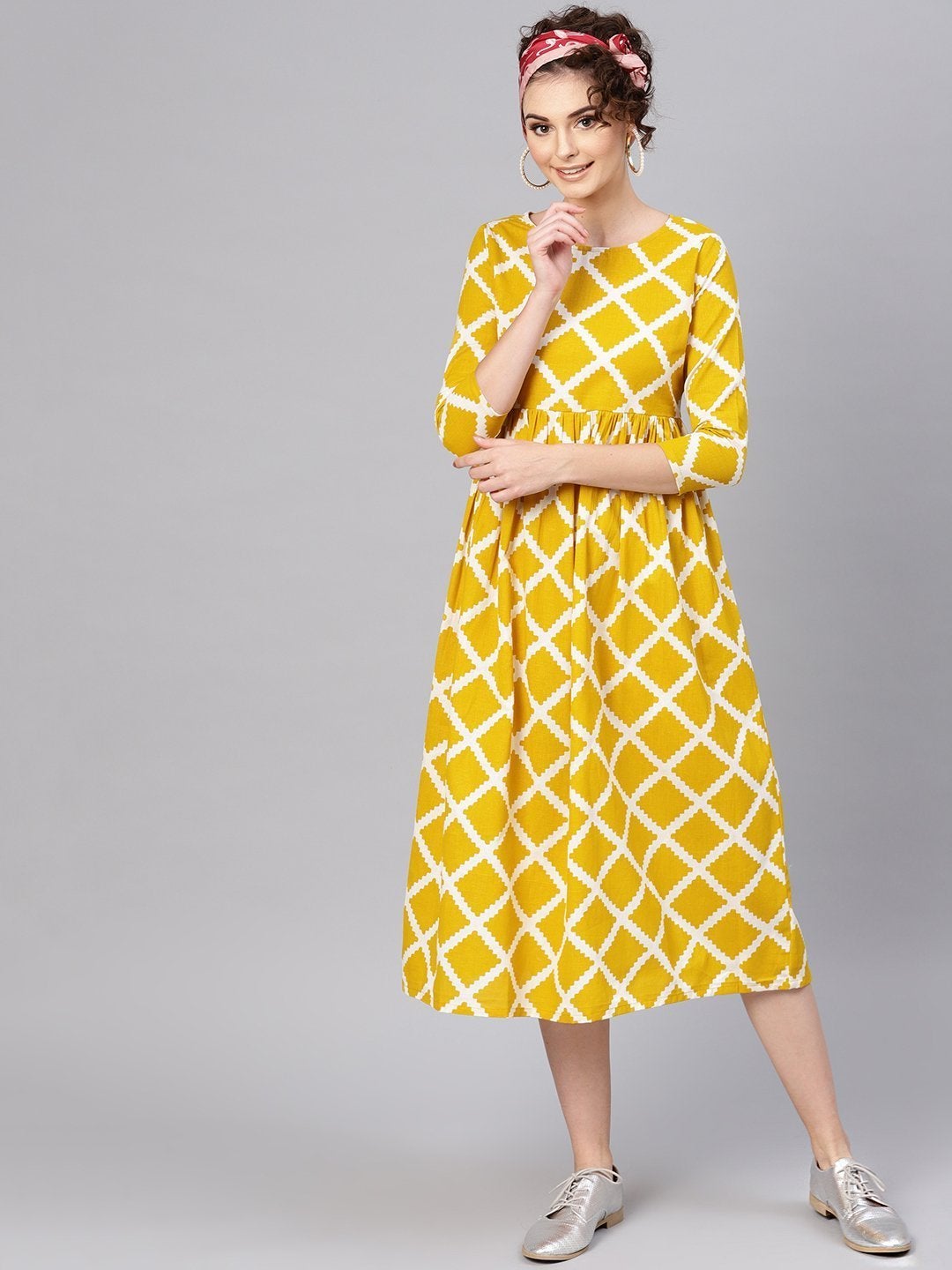 Women's Mustard Diamond Print Gathered Dress