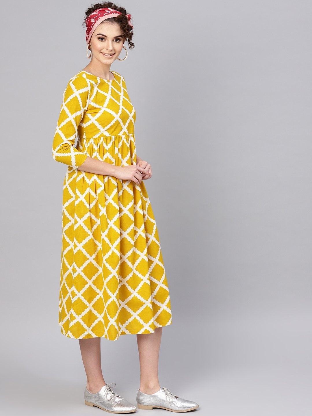 Women's Mustard Diamond Print Gathered Dress