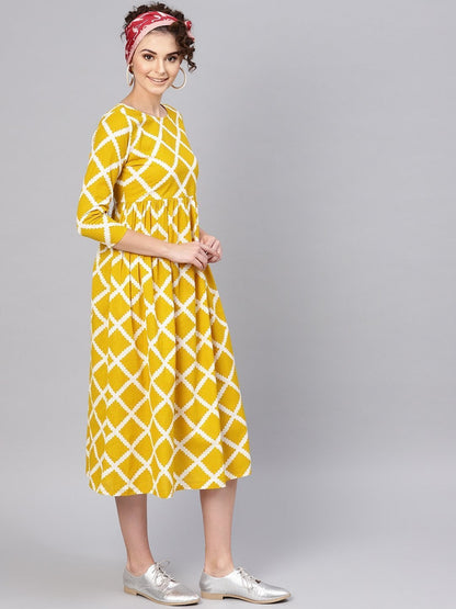 Women's Mustard Diamond Print Gathered Dress