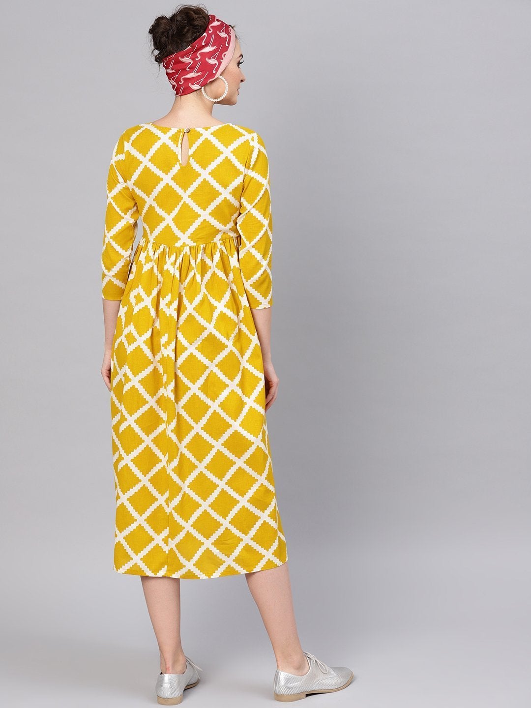 Women's Mustard Diamond Print Gathered Dress