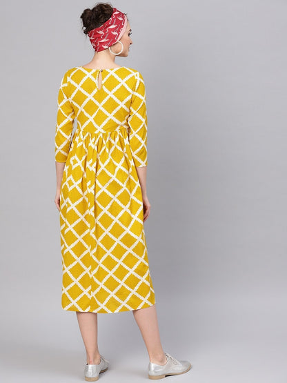 Women's Mustard Diamond Print Gathered Dress