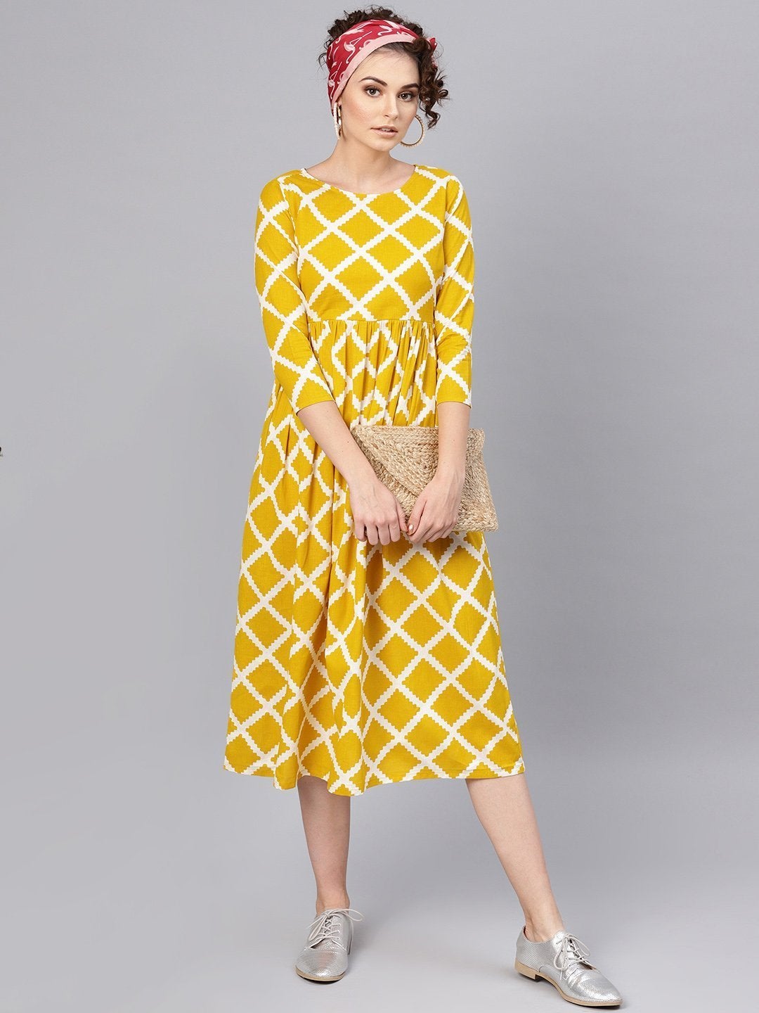 Women's Mustard Diamond Print Gathered Dress