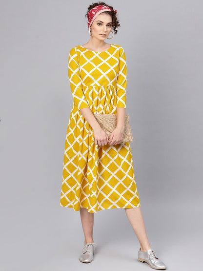 Women's Mustard Diamond Print Gathered Dress